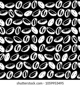 Vector seamless pattern with hand drawn coffee beans isolated on black background. Stamp coffee seeds, stains & texture. Perfect for packaging paper, package design, banners etc.