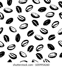 Vector seamless pattern with hand drawn coffee beans isolated on white background. Stamp coffee seeds, stains & texture. Perfect for packaging paper, package design, banners etc.