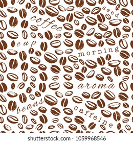 Vector seamless pattern with hand drawn coffee beans isolated on white background. Stamp coffee seeds, stains & texture. Perfect for packaging paper, package design, banners etc.