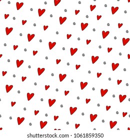 Vector seamless pattern with hand drawn red hearts. Valentine's day background. EPS10. Can be used for wrapping paper, design of banners, cards, print on clothes. Creative wedding backdrop.
