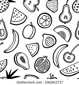 Vector seamless pattern with hand drawn fruit. Beautiful ink drawing, heavy contour, graphic style. Food design elements.