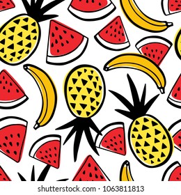 Vector seamless pattern with hand drawn watermelon slices, pineapples and bananas. Beautiful ink drawing, heavy contour, graphic style. Food design elements.