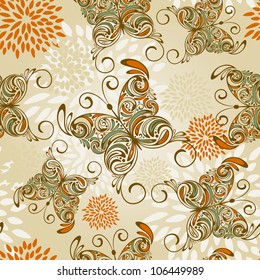 vector seamless pattern with   hand drawn butterflies and abstract flowers