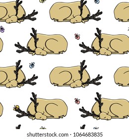 Vector seamless pattern of hand drawn cute sleeping deers and butterflies. Beautiful ink drawing, sketch style. Perfect design elements, animal illustration