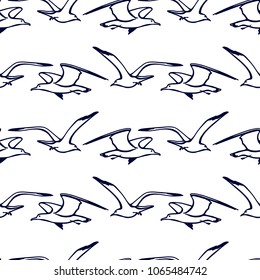 Vector seamless pattern with hand drawn flying sea gulls. Beautiful ink drawing,  perfect for prints and patterns