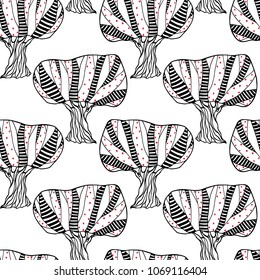Vector seamless pattern with hand drawn abstract olive trees. Beautiful design elements,  ink drawing, abstract style.