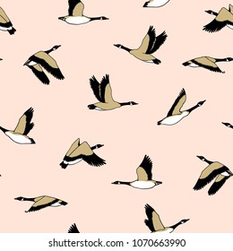 Vector seamless pattern with hand drawn flying wild geese. Beautiful animal design elements, ink drawing.