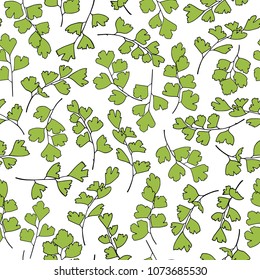 Vector seamless pattern with hand drawn Maidenhair Fern twigs. Beautiful floral design elements,  ink drawing.