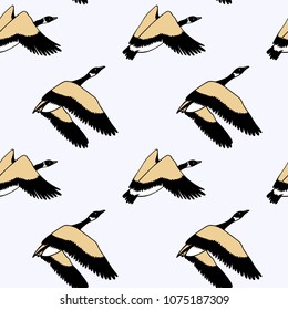 Vector seamless pattern with hand drawn flying wild geese. Beautiful animal design elements, ink drawing.