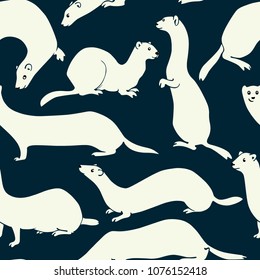 Vector seamless pattern with hand drawn cute weasels in winter coats. Beautiful animal design elements, ink drawing.