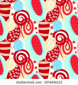 Vector seamless pattern with hand drawn abstract shapes, scribbles. Stains and spots of paint. Creative background. Freehand style. Design with doodle. Wallpaper, textile, wrapping, cover