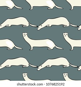 Vector seamless pattern with hand drawn cute weasels in winter coats. Beautiful animal design elements, ink drawing.