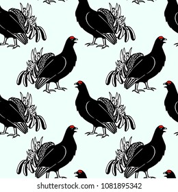 Vector seamless pattern with hand drawn male black grouse. Beautiful animal design elements, ink drawing.