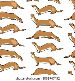 Vector seamless pattern with hand drawn cute weasels in summer coats. Beautiful animal design elements, ink drawing.