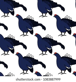 Vector seamless pattern with hand drawn male black grouse. Beautiful animal design elements, ink drawing.