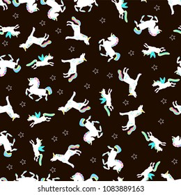 Vector seamless pattern. Hand drawn fantasy unicorns. Doodle elements. Stars, comets, daimonds.Background for textile, wallpaper, pattern fills, covers, surface, print, wrap, scrapbooking, decoupage.
