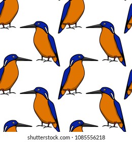 Vector seamless pattern with hand drawn Azure Kingfishers. Beautiful animal design element, ink drawing, perfect for prints and patterns