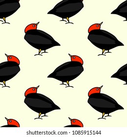 Vector seamless pattern with hand drawn Red-capped Manakin. Beautiful animal design element, ink drawing, perfect for prints and patterns