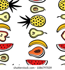 Vector seamless pattern with hand drawn watermelon slices, pineapples, pears, apples and bananas. Beautiful ink drawing, heavy contour, graphic style. Food design elements.