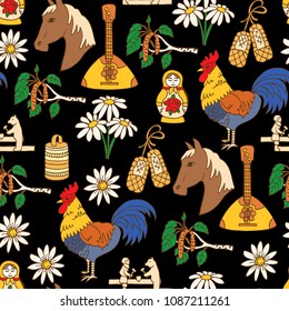 Vector seamless pattern with hand drawn colored symbols of Russia on black color. Pattern on the theme of travel, tourism. Background for use in design
