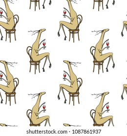 Vector seamless pattern with hand drawn refined deers drinking wine. Beautiful ink drawing, funny illustration