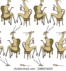 Vector seamless pattern with hand drawn refined deers drinking wine. Beautiful ink drawing, funny illustration