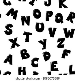 Vector seamless pattern with hand drawn childish style alphabet. Black and white abc, scandinavian style