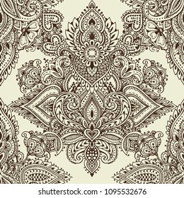Vector seamless pattern with hand drawn henna mehndi floral elements. Beautiful endless background in oriental indian style