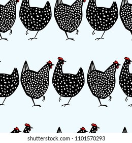 Vector seamless pattern with hand drawn speckled hens. Beautiful ink drawing, heavy contour, abstract design elements. Perfect elements for food or farming design.