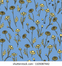 Vector seamless pattern with hand drawn chamomile and button mum twigs. Beautiful ink drawing, vintage style.