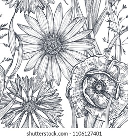 Vector seamless pattern with hand drawn poppy and other flowers and plants