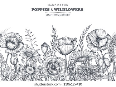 Vector seamless pattern with hand drawn poppy and other flowers and plants.