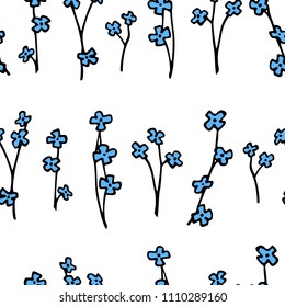 Vector seamless pattern with hand drawn blue flowers. Ink drawing, graphic style, beautiful wedding design element