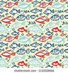 Vector seamless pattern with hand drawn fish species made with ink. Grunge drawing, graphic style. 