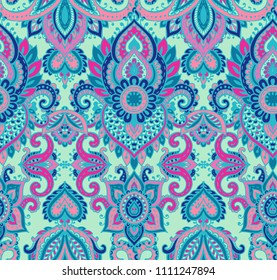Vector seamless pattern with hand drawn henna mehndi floral elements. Beautiful colorful endless background in oriental indian style in blue colors.
