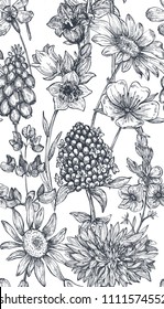Vector seamless pattern with hand drawn herbs and flowers