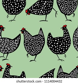 Vector seamless pattern with hand drawn speckled hens. Beautiful ink drawing, heavy contour, abstract design elements. Perfect elements for food or farming design.