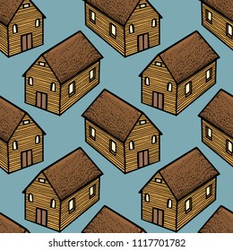 Vector seamless pattern with hand drawn rural houses. Beautiful design elements, ink drawing, logo template
