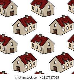 Vector seamless pattern with hand drawn rural houses. Beautiful design elements, ink drawing, logo template