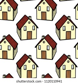 Vector seamless pattern with hand drawn rural houses. Beautiful design elements, ink drawing, logo template