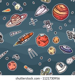 Vector seamless pattern with hand drawn space illustrations.