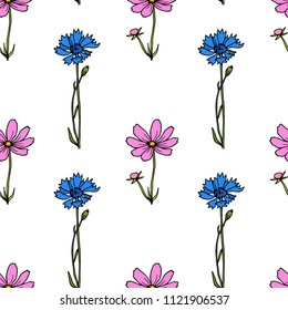 Vector seamless pattern with hand drawn cosmos and cornflowers twigs. Beautiful ink drawing, vintage style.