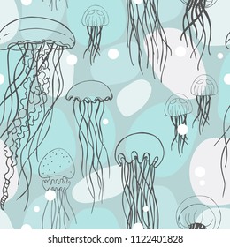 Vector seamless pattern with hand drawn  jellyfish. 