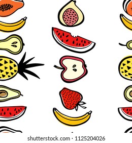 Vector seamless pattern with hand drawn watermelon slices, pineapples, pears, apples, bananas and other fruit. Beautiful ink drawing, heavy contour, graphic style. Food design elements.