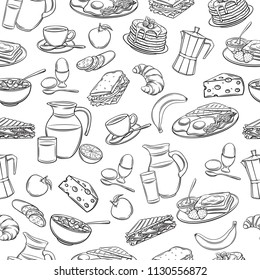 Vector seamless pattern hand drawn breakfast icons. Retro background with pancakes, toast with jam, croissant, cheese and etc.