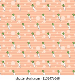 Vector seamless pattern with hand drawn white carrots and bubbles on orange striped backdrop. Cute wallpaper for children. For print on clothes for boys and girls, banner, wrapping paper, decoration.