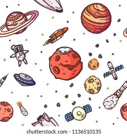 Vector seamless pattern with hand drawn space illustrations.