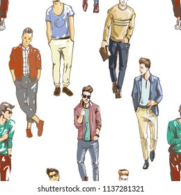 Vector seamless pattern of hand drawn fashionable men in modern casual style. Background for use in design, web site, packing, textile, fabric