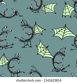 Vector seamless pattern with hand drawn cute monsters. Graphic style, ink drawing. Beautiful design elements, perfect for prints and patterns