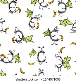Vector seamless pattern with hand drawn cute monsters with bananas. Graphic style, ink drawing. Beautiful design elements, perfect for prints and patterns